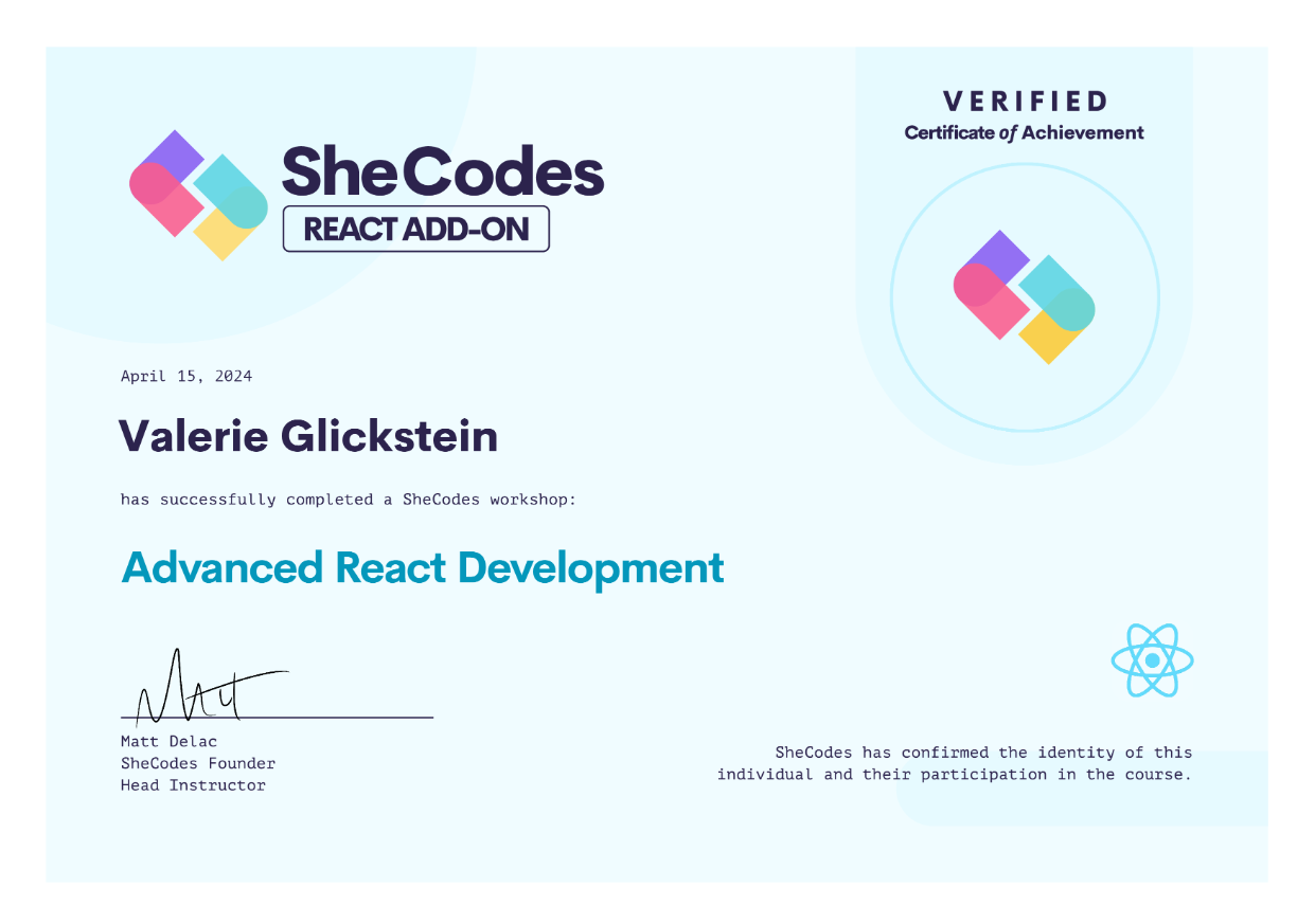 SheCodes Advanced React Development Certificate